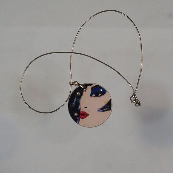 April Anselona Signed Pendant Necklace Double Sided Signed 925 Silver Chain - Picture 5 of 12